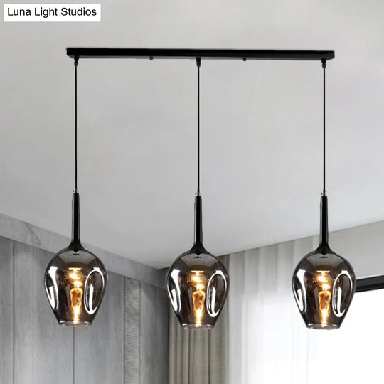 Tulip Cluster Pendant Lamp Modern Amber/Smoke/Blue Glass 3 Lights Black Ceiling Hung Light With