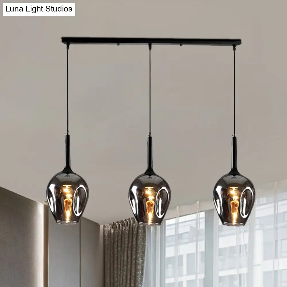 Tulip Cluster Pendant Lamp Modern Amber/Smoke/Blue Glass 3 Lights Black Ceiling Hung Light With