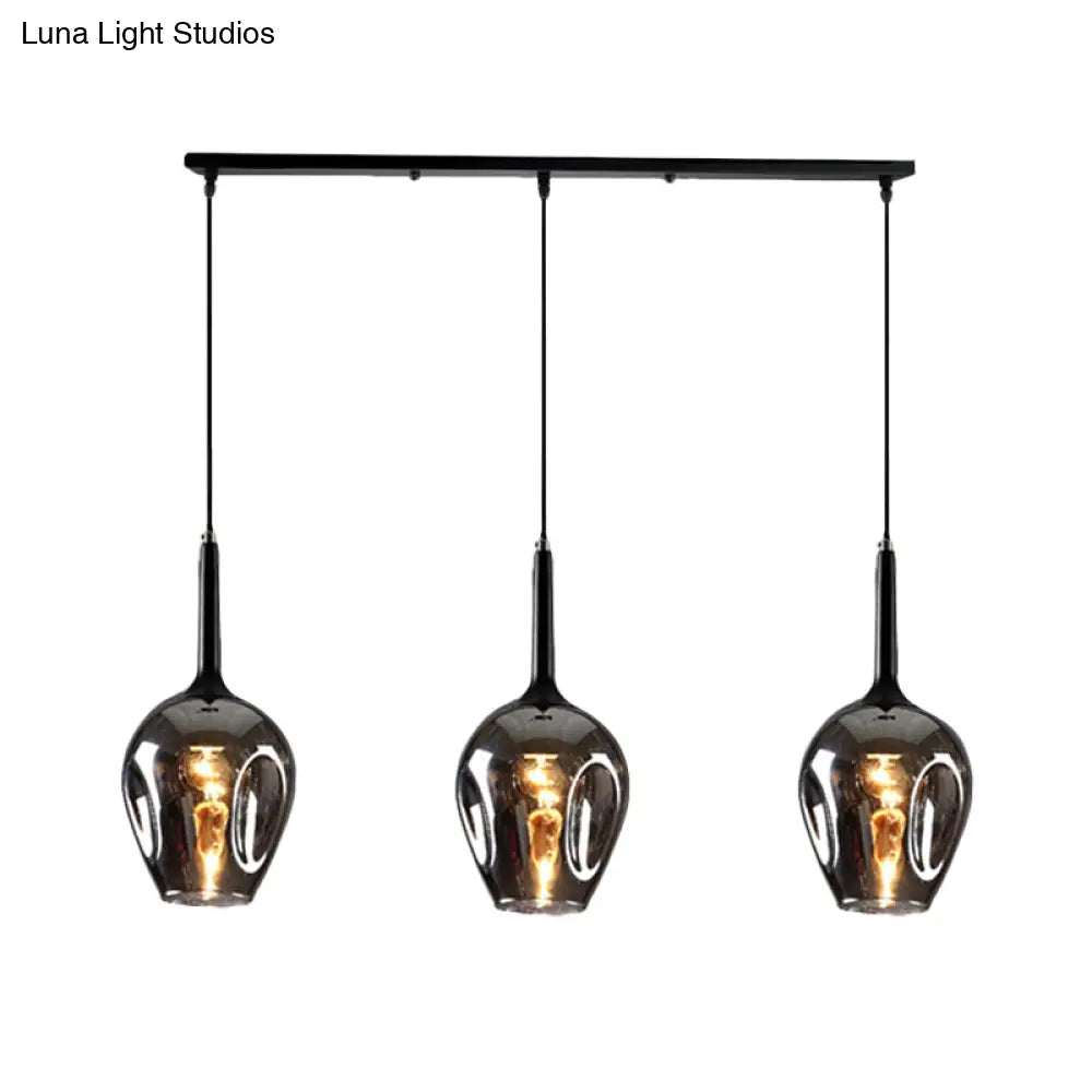 Tulip Cluster Pendant Lamp Modern Amber/Smoke/Blue Glass 3 Lights Black Ceiling Hung Light With