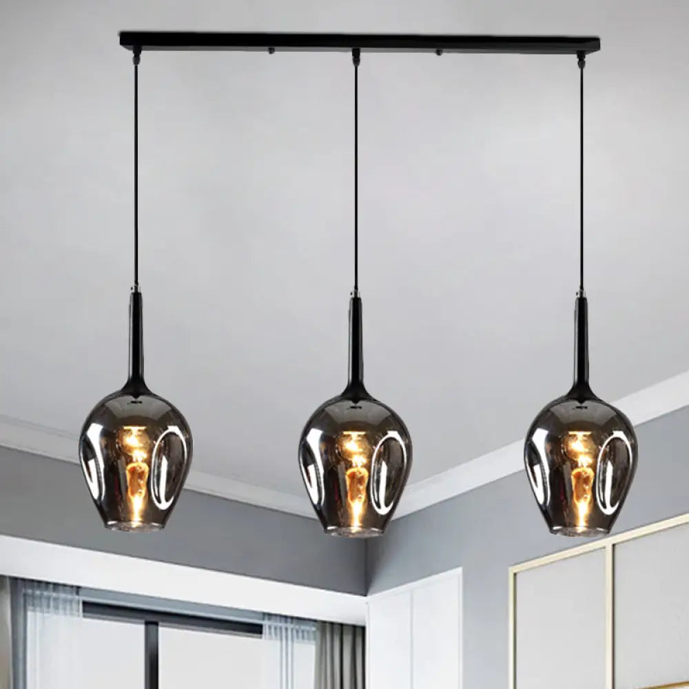 Tulip Cluster Pendant Lamp Modern Amber/Smoke/Blue Glass 3 Lights Black Ceiling Hung Light With