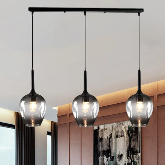 Tulip Cluster Pendant Lamp Modern Amber/Smoke/Blue Glass 3 Lights Black Ceiling Hung Light With