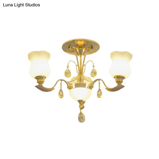 Tulip Flower Semi Flush Gold Ceiling Light For Modern Bedrooms - 3 - Light Milk Glass