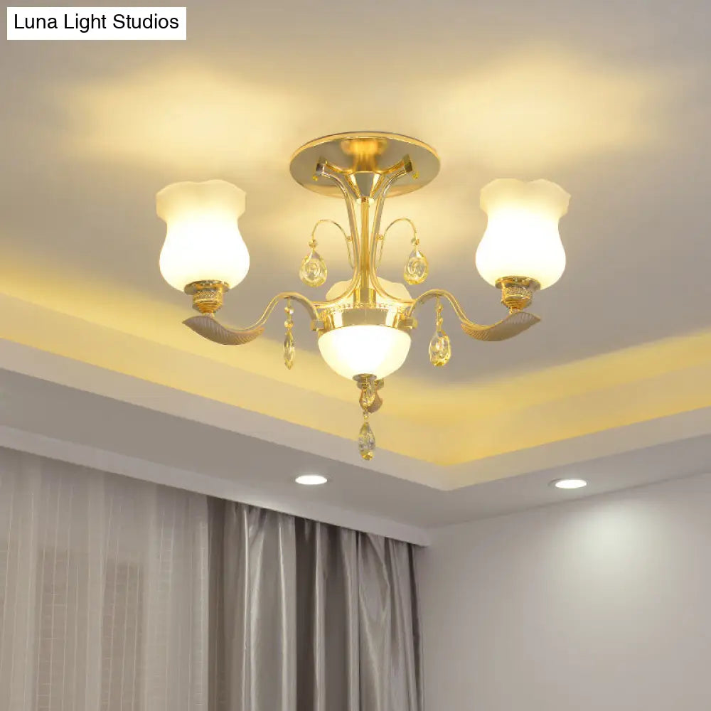 Tulip Flower Semi Flush Gold Ceiling Light For Modern Bedrooms - 3-Light Milk Glass