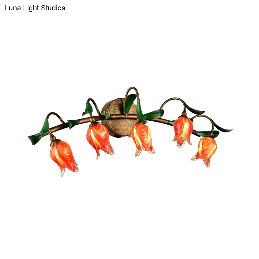 Tulip Vanity Lamp - 5-Headed Led Wall Sconce In Red/Yellow For Bathroom