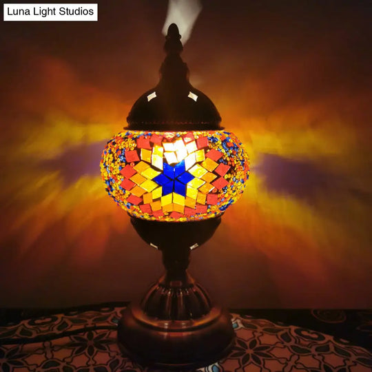 Turkish 1-Light Stained Glass Globe Table Lamp With Sunflower Pattern In Bronze Perfect Nightstand