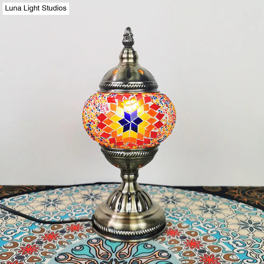 Turkish 1-Light Stained Glass Globe Table Lamp With Sunflower Pattern In Bronze Perfect Nightstand