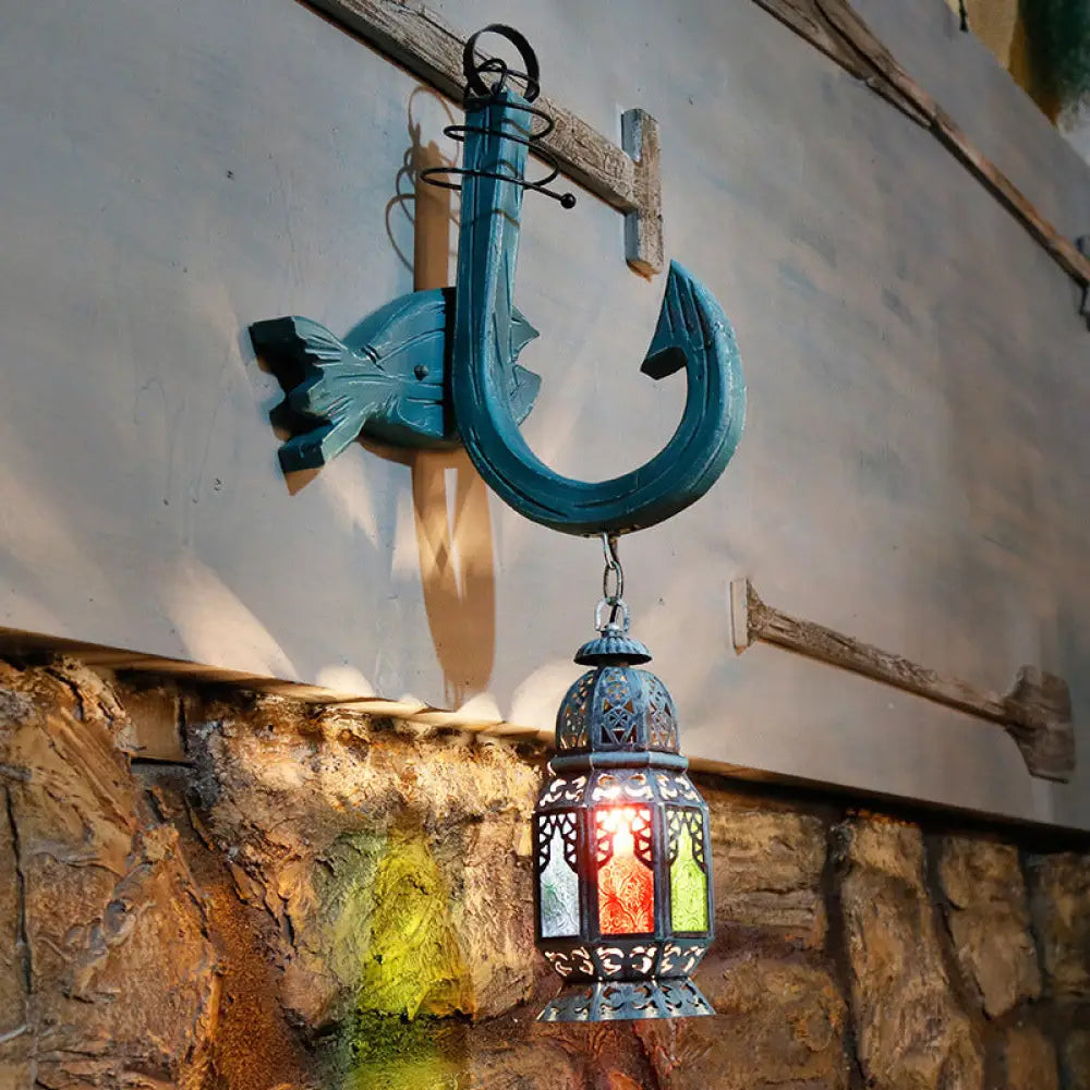 Turkish Blue Wooden Wall Mount Censer Light With Fish Backplate