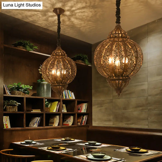 Turkish Bronze Globe Pendant Light - Restaurant Iron Chandelier With Hollowed-Out Design 3-Light