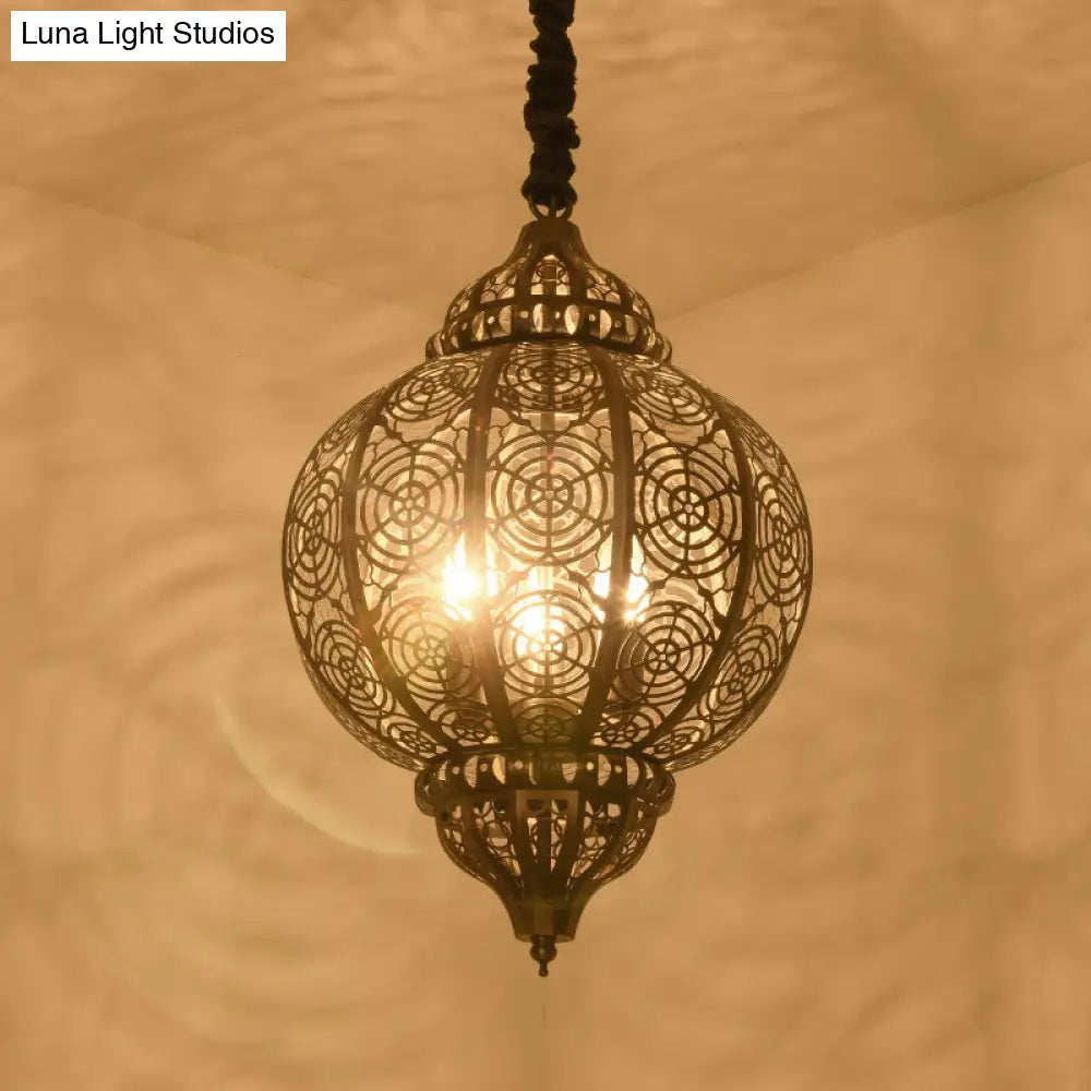 Turkish Bronze Globe Pendant Light - Restaurant Iron Chandelier With Hollowed-Out Design 3-Light