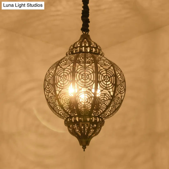 Turkish Bronze Globe Pendant Light - Restaurant Iron Chandelier With Hollowed-Out Design 3-Light