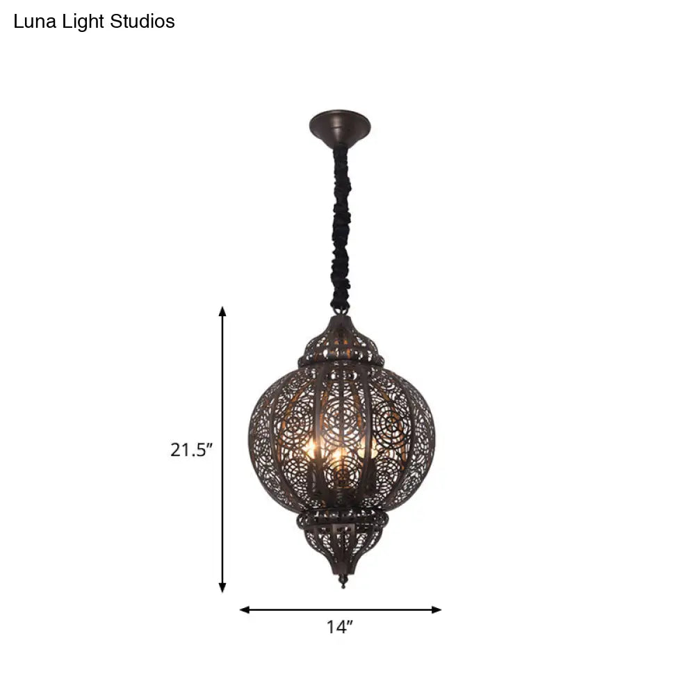 Turkish Bronze Globe Pendant Light - Restaurant Iron Chandelier With Hollowed-Out Design 3-Light