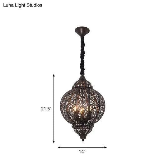 Turkish Bronze Globe Pendant Light - Restaurant Iron Chandelier With Hollowed-Out Design 3-Light