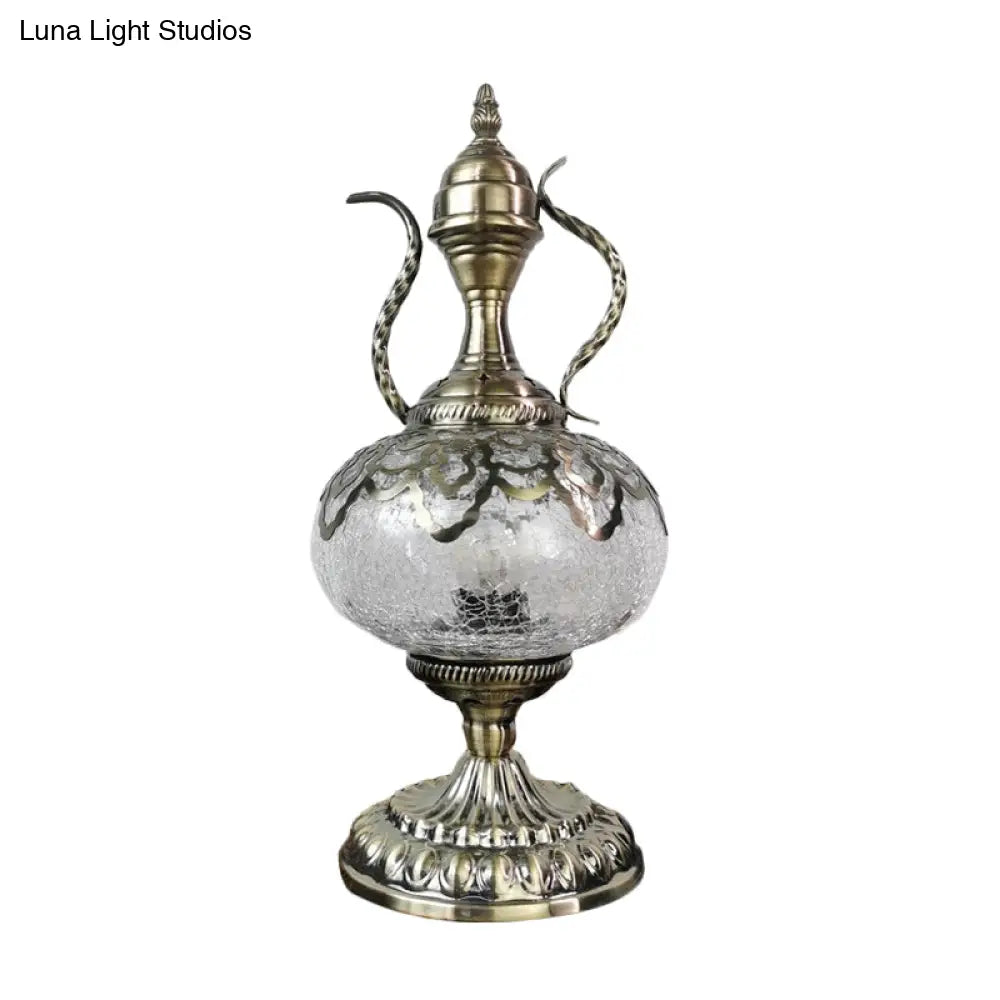 Turkish Crackle Glass Bronze Teapot Table Light 6.5/7 Width 1-Bulb Nightstand Lamp For Living Room