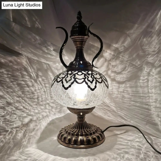 Turkish Crackle Glass Bronze Teapot Table Light 6.5/7 Width 1-Bulb Nightstand Lamp For Living Room