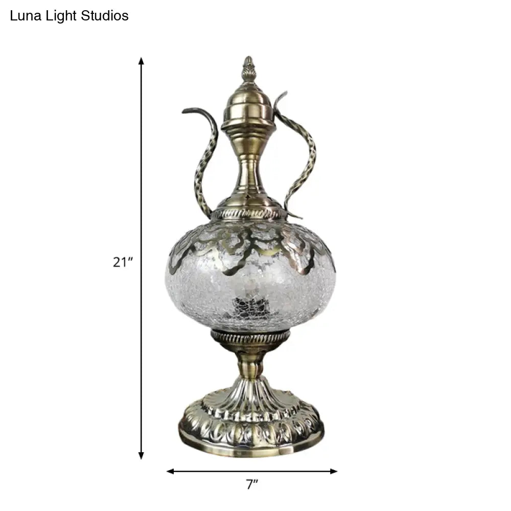 Turkish Crackle Glass Bronze Teapot Table Light 6.5/7 Width 1-Bulb Nightstand Lamp For Living Room