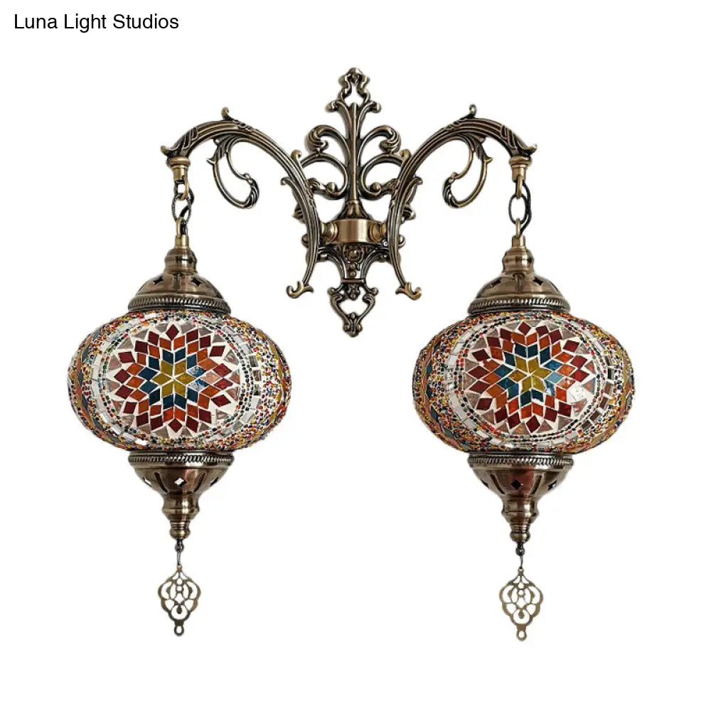 Turkish Hand-Cut Glass Wall Sconce Light Fixture - Dual Bulb Mount Lighting (White/Red/Pink)