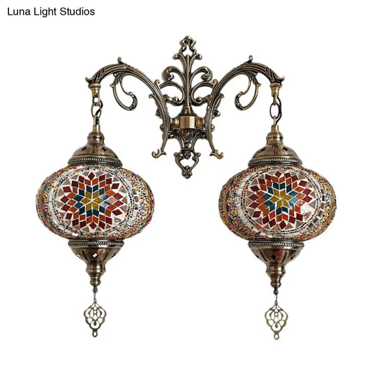 Turkish Hand-Cut Glass Wall Sconce Light Fixture - Dual Bulb Mount Lighting (White/Red/Pink)