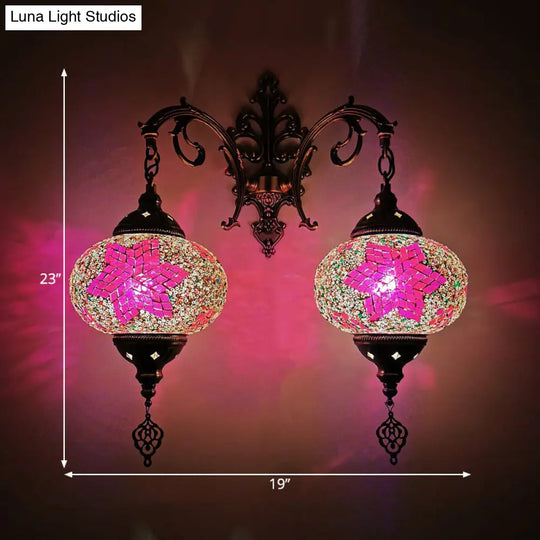 Turkish Hand-Cut Glass Wall Sconce Light Fixture - Dual Bulb Mount Lighting (White/Red/Pink)