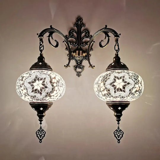 Turkish Hand-Cut Glass Wall Sconce Light Fixture - Dual Bulb Mount Lighting (White/Red/Pink) White