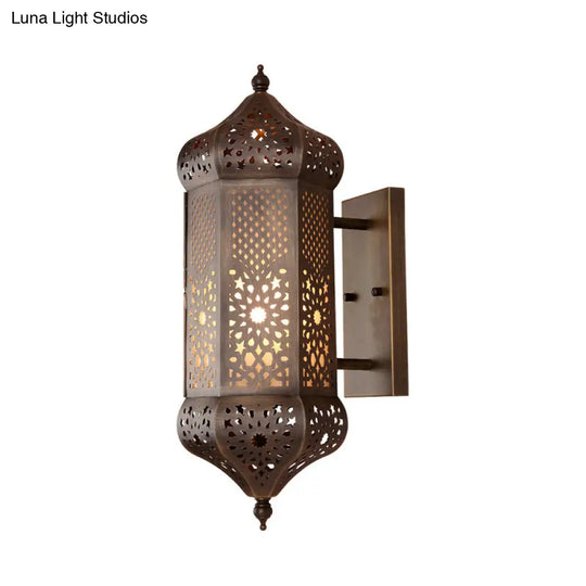 Turkish Iron Hollow-Out Wall Light With Antiqued Brass Finish - 1 Bulb Living Room Lantern Sconce