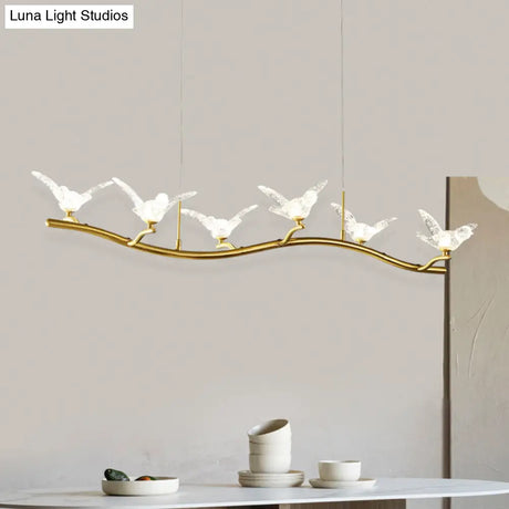 Twig Pendant Lamp With Bird Decor Gold Finish & Led Acrylic Island Light