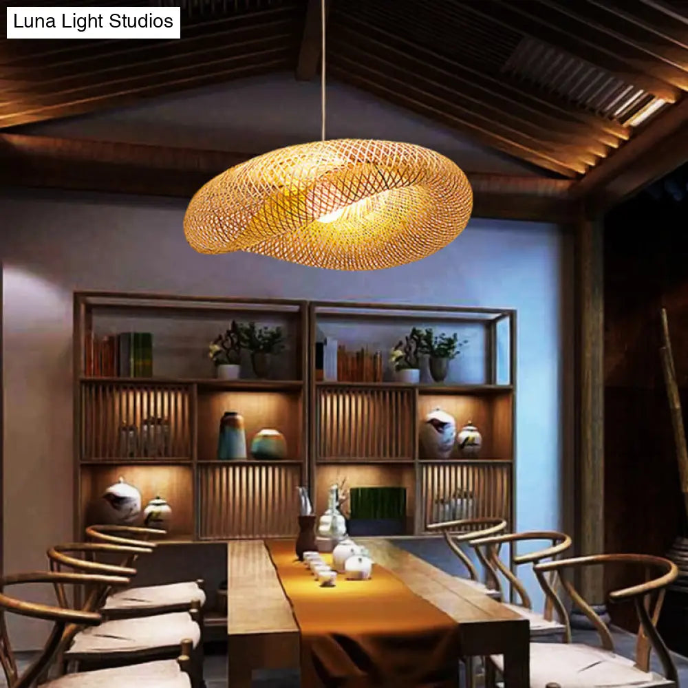 Contemporary Bamboo Pendant Lighting - 1 Light Hanging Lamp In Beige 16/19.5/23.5 Width / 16