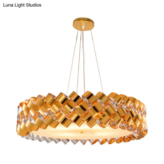 Gold Metallic Twisted Panel Chandelier - Contemporary 6-Head Pendant With Drum Design For Living