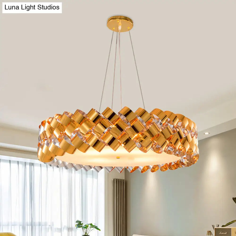 Gold Metallic Twisted Panel Chandelier - Contemporary 6-Head Pendant With Drum Design For Living