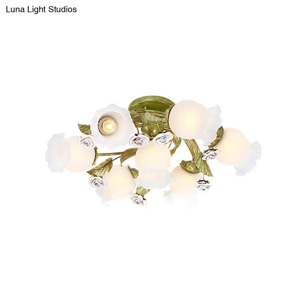 Twisted Pastoral Frosted Glass Flush Light: Green Semi Mount Lighting (4/7/9-Bulb)