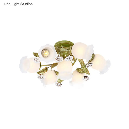 Twisted Pastoral Frosted Glass Flush Light: Green Semi Mount Lighting (4/7/9-Bulb)