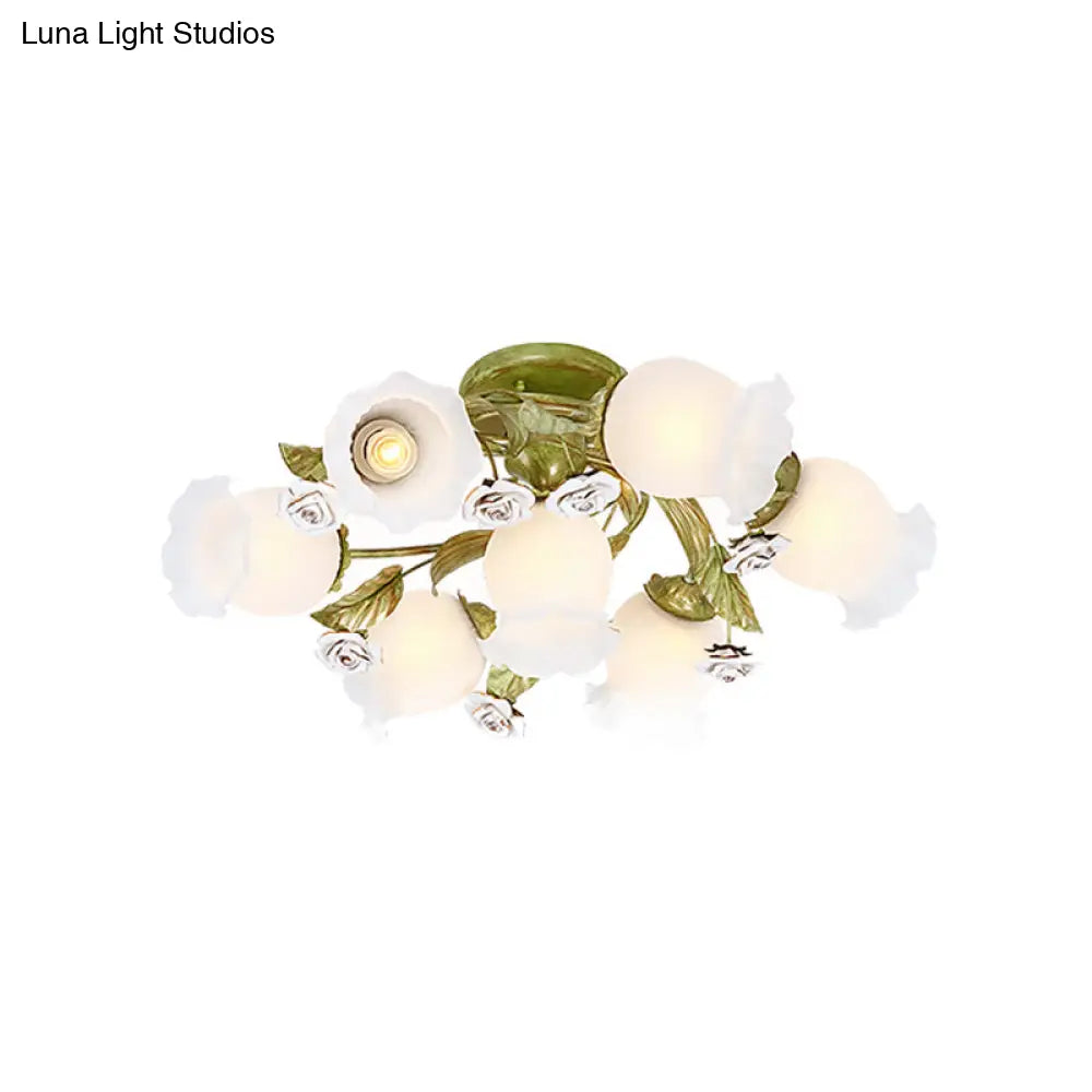 Twisted Pastoral Frosted Glass Flush Light: Green Semi Mount Lighting (4/7/9 - Bulb)