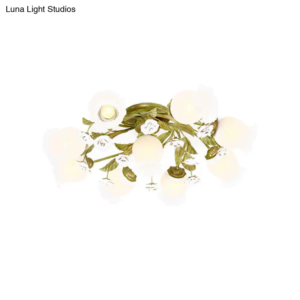 Twisted Pastoral Frosted Glass Flush Light: Green Semi Mount Lighting (4/7/9-Bulb)