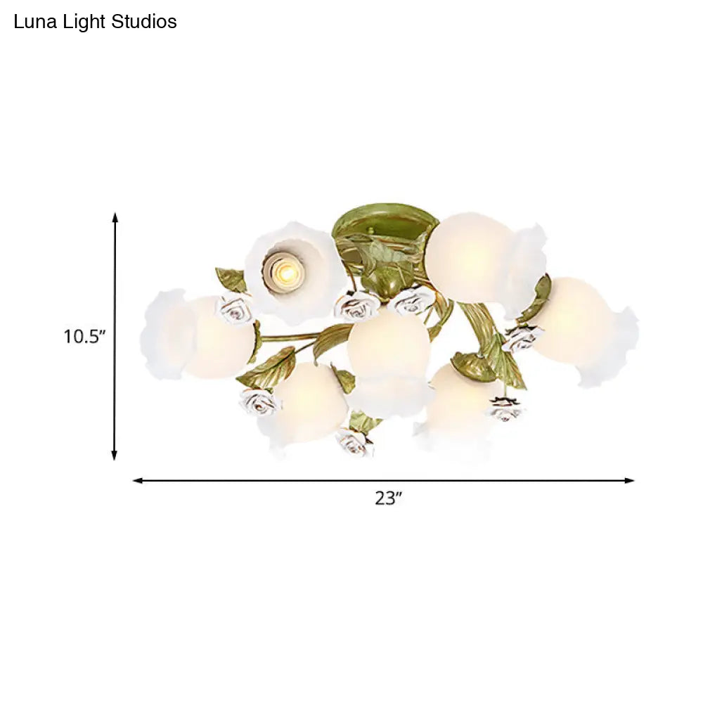 Twisted Pastoral Frosted Glass Flush Light: Green Semi Mount Lighting (4/7/9-Bulb)