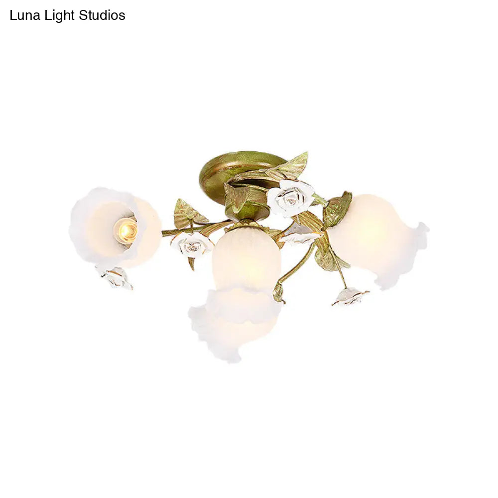 Twisted Pastoral Frosted Glass Flush Light: Green Semi Mount Lighting (4/7/9-Bulb)