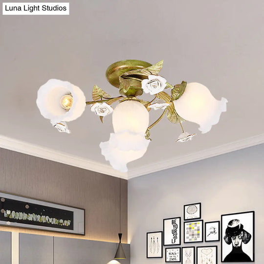 Twisted Pastoral Frosted Glass Flush Light: Green Semi Mount Lighting (4/7/9 - Bulb)