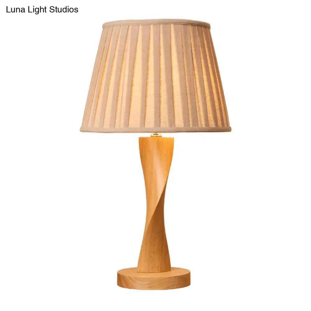 Twisted Wood Night Lamp With Conic Fabric Shade - Cozy Lighting For Living Room Table