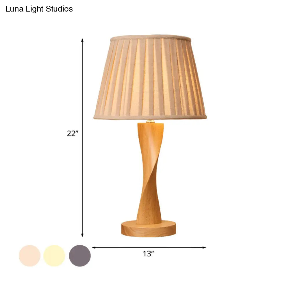 Twisted Wood Night Lamp With Conic Fabric Shade - Cozy Lighting For Living Room Table