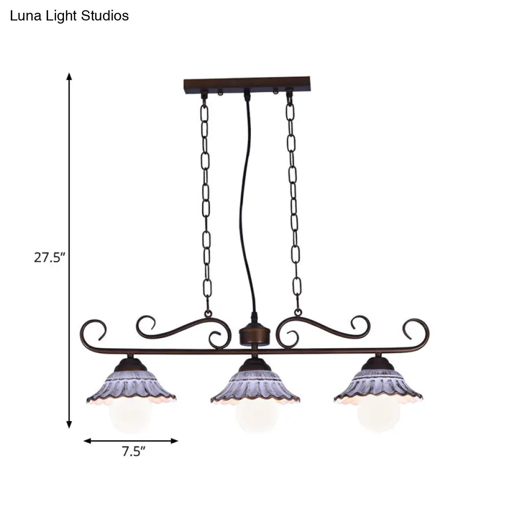 Twisting Island Pendant Lamp: 3-Light Coffee Metal Hanging Light With Scalloped Bell Ceramics Shade