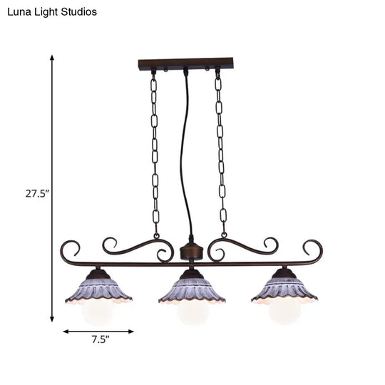 Twisting Island Pendant Lamp: 3-Light Coffee Metal Hanging Light With Scalloped Bell Ceramics Shade