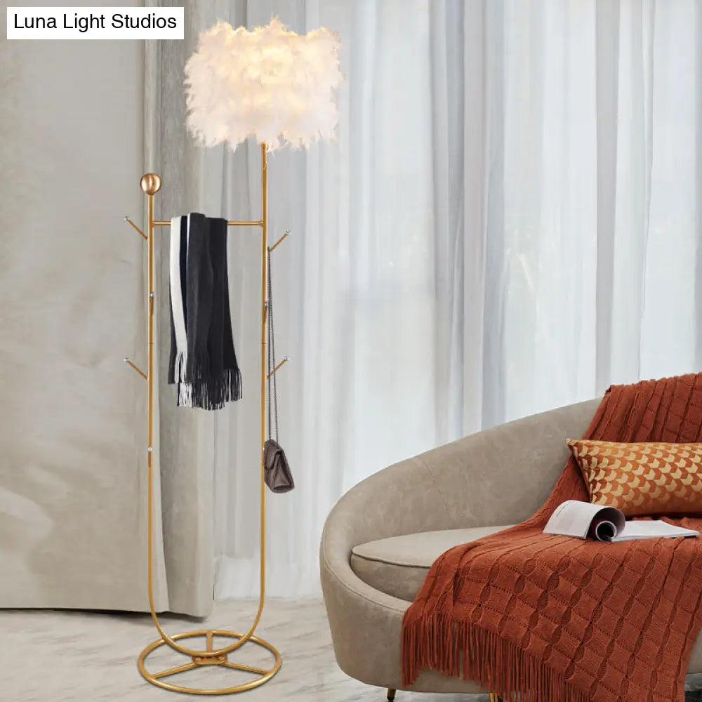 U-Shape Metallic Tree Floor Lamp 1-Light Black/Gold Finish With Feather Shade - Simple And Stylish