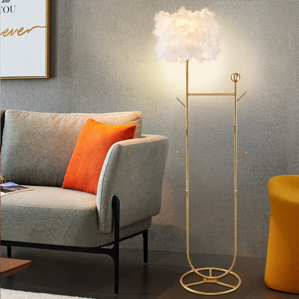 U-Shape Metallic Tree Floor Lamp 1-Light Black/Gold Finish With Feather Shade - Simple And Stylish