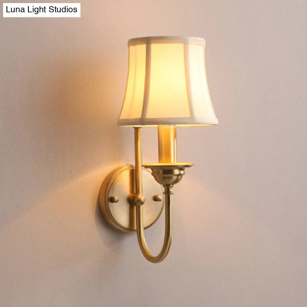 U-Shaped Arm Gold Wall Mounted Lamp: Flared Living Room Lighting In Antiqued Fabric 1 Bulb