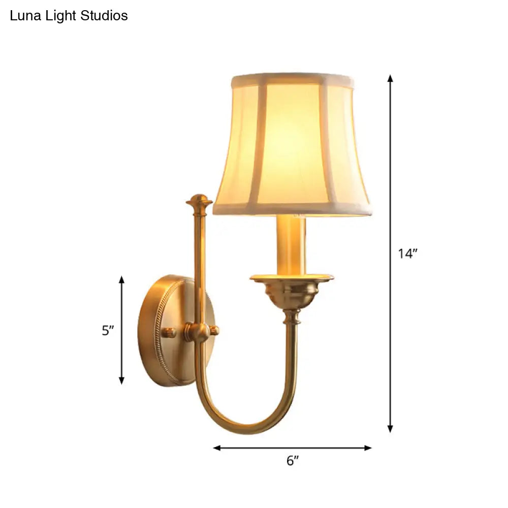 U-Shaped Arm Gold Wall Mounted Lamp: Flared Living Room Lighting In Antiqued Fabric 1 Bulb