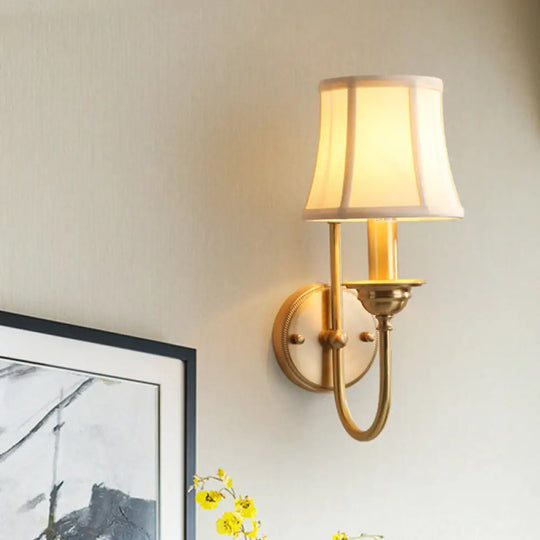 U-Shaped Arm Gold Wall Mounted Lamp: Flared Living Room Lighting In Antiqued Fabric 1 Bulb