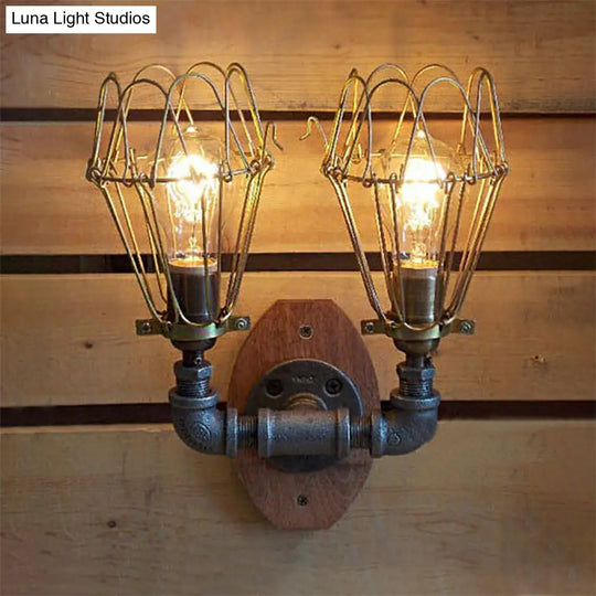 U-Shaped Metallic Sconce Light With Wire Guard And Pipe 2-Light Brass Warehouse Wall Lamp