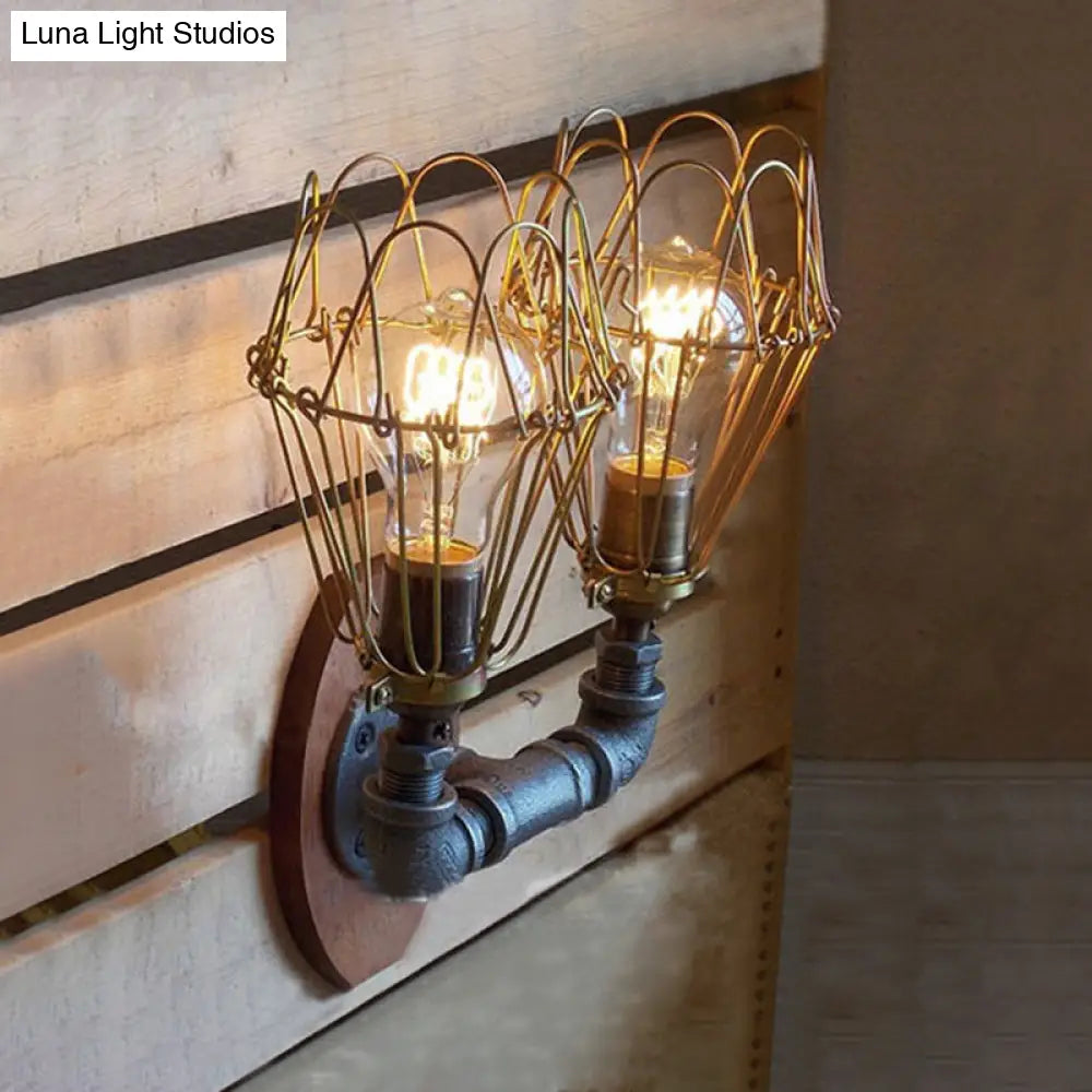 U-Shaped Metallic Sconce Light With Wire Guard And Pipe 2-Light Brass Warehouse Wall Lamp