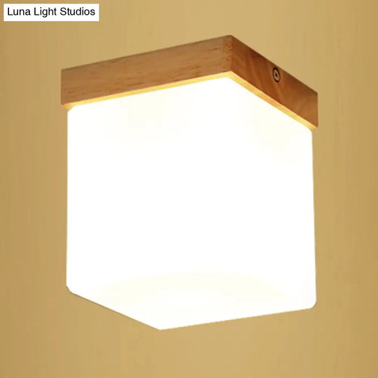 Ultra-Contemporary 1-Light White Glass Semi Flush Chandelier Ceiling Light For Hallway Wood / Square