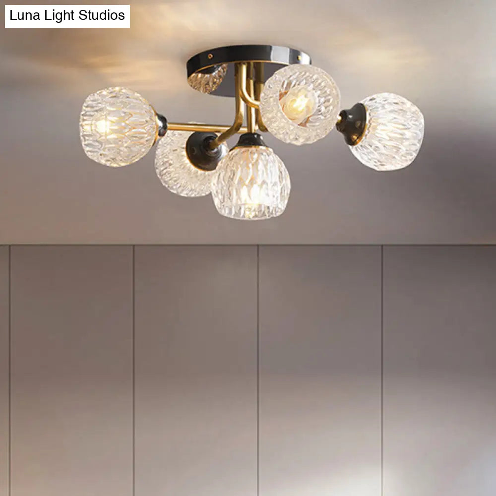 Ultra - Contemporary 5 - Light Bowl Semi Flush Chandelier - Ribbed Glass Ceiling Light For Bedroom