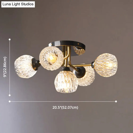 Ultra-Contemporary 5-Light Bowl Semi Flush Chandelier - Ribbed Glass Ceiling Light For Bedroom