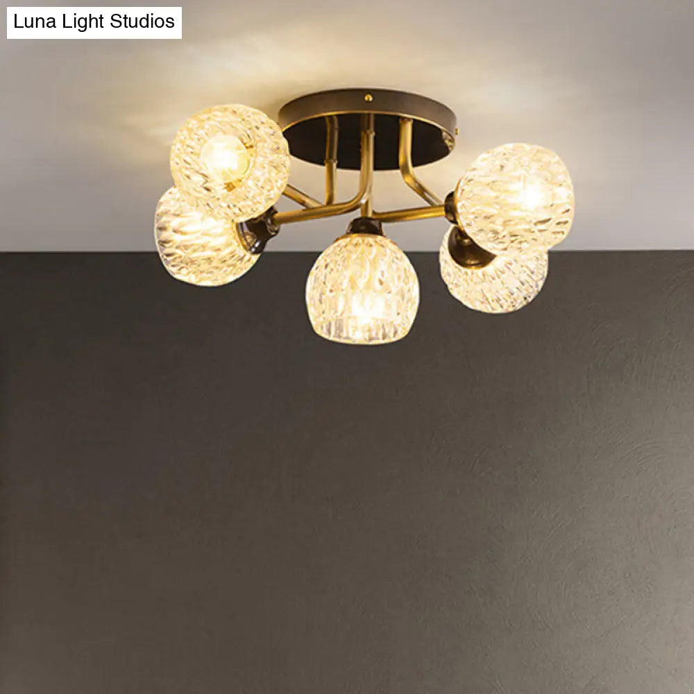 Ultra-Contemporary 5-Light Bowl Semi Flush Chandelier - Ribbed Glass Ceiling Light For Bedroom